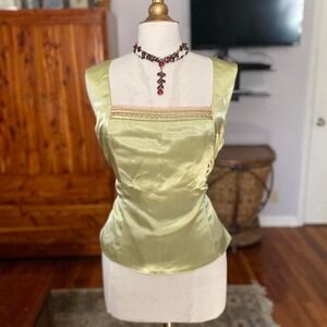 Champagne Italy Lime Green Satin Beaded Square Neck Sleeveless Blouse Top Sz 16